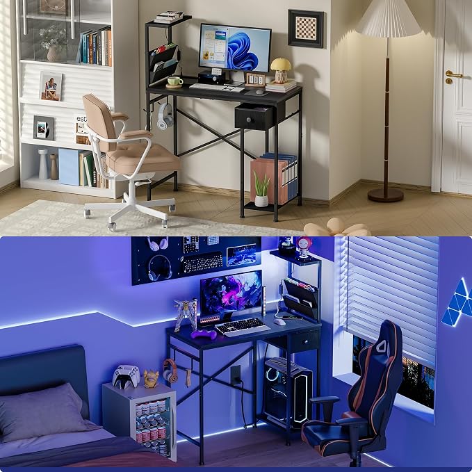 33.7 Inch Small Gaming Desk Table with LED Lights & Power Outlets, Compact L Shaped Gaming Computer Desk with CPU Stand, Drawer & Storage, Corner PC Desk for Kids, Home Office , Bedroom, Black - Image 7