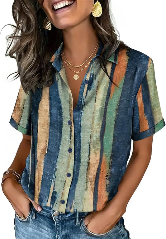 Zeagoo Button Down Shirts for Women Short Sleeve Collared Tops Dressy Casual V Neck Blouses by Zeagoo