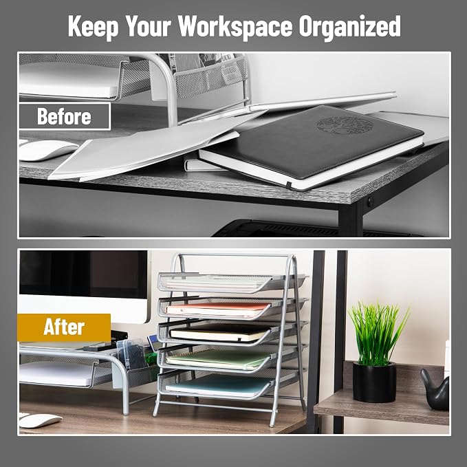 Mind Reader 5-Tier Paper Tray Organizer, Vertical Desktop File Storage Rack, Office, Metal Mesh, Silver - Image 5