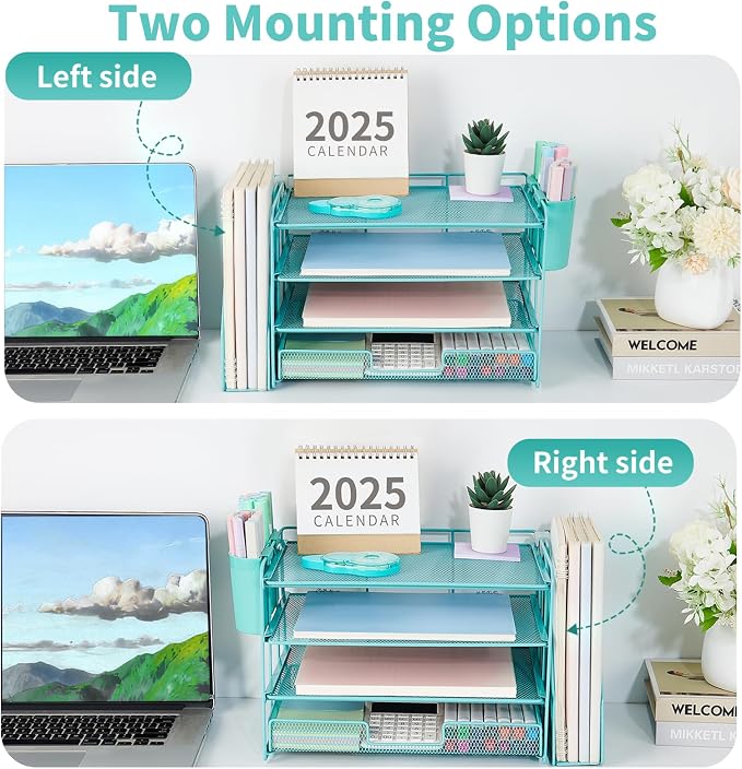 OPNICE Desk Organizer, 4-Tier Desktop File Organizer with Drawer and Pen Holders, Office Desk Accessories, File Sorters, Workspace Organizers for Office Supplies(Teal Blue) - Image 2
