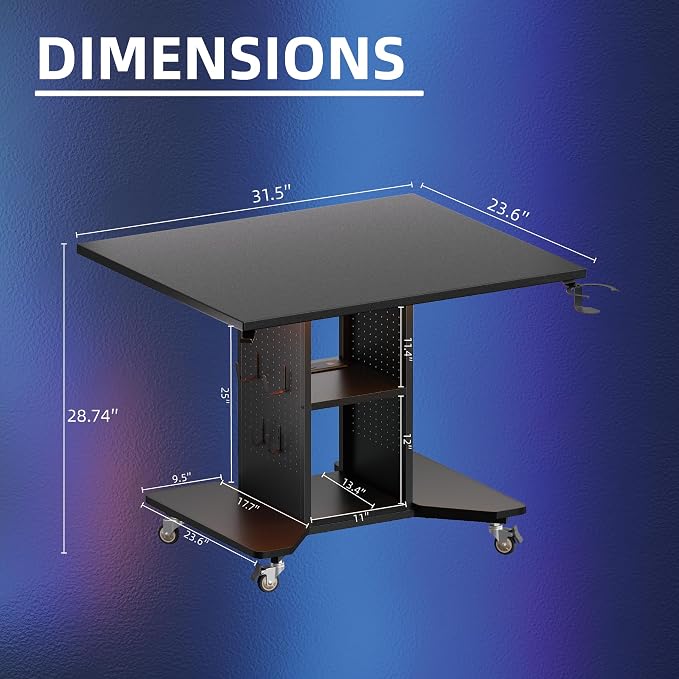 Pamray Small Gaming Desk Rolling Computer Table Balck | Movable, with Led Lights Power Outlets, with Storage Pegboard and Hook, Sturdy, Suitable for Study Gaming Bedroom Dorm - Image 3