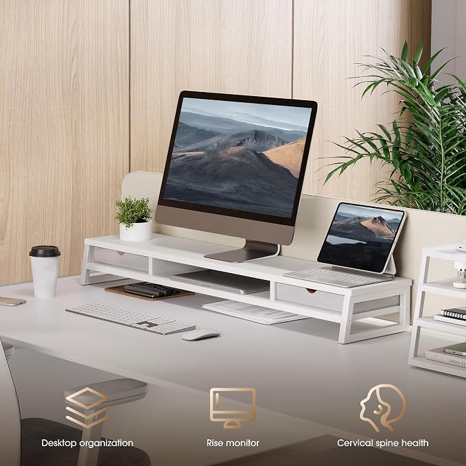 Fenge Dual Monitor Stand, Monitor Riser with Drawer, 42.5 Inch Large Computer Monitor Stand for 2 Monitors, 2 Tier Wooden Desk Shelf for Top of Desk - Image 7