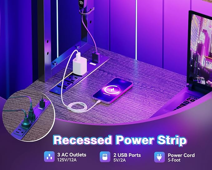 AODK L Shaped Desk Gaming Desk with LED Light & Power Outlet | 53 Inch Grey Oak Reversible L Shaped Computer Table with Shelf & Storage Bag & Hook for Home Office - Image 5