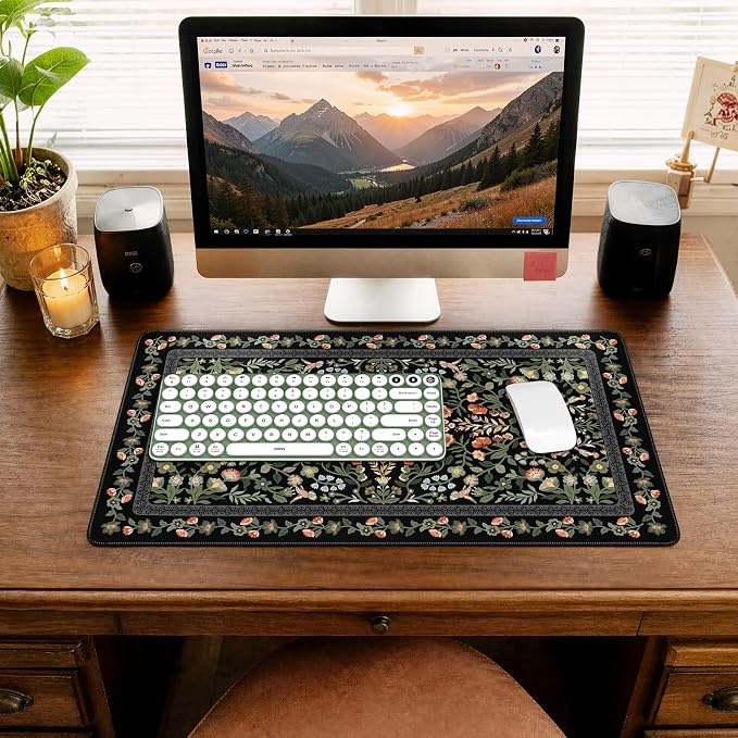 iCasso Aesthetic Mouse Pad,23.6x13.7in Desk Pad, Black Flower | Vintage Desk Matt for Desktop, Anti-Slip Mousepad with Stitched Edges for Laptop Computer Keyboard - Image 8