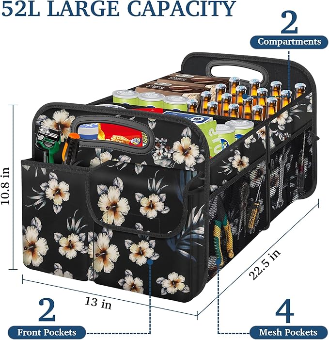 Femuar Car Trunk Organizer, Car Storage Organizer with Large Capacity Waterproof Collapsible Trunk Organizer for Car Suv/Jeep/Sedan (Hibiscus flowers, Standard) - Image 2