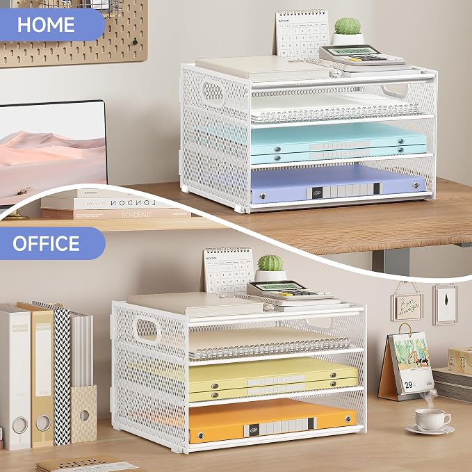Subekyu Paper Letter Tray Organizer for Desk, White Metal Mesh Desk File Sorter Organizer with Handle and 2 Sliding Trays for Home Office School Supplies Organization - Image 5