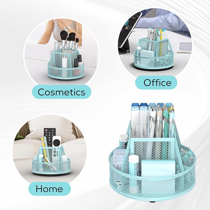 YINGHUA Metal Mesh Desk Organizer with 5 Compartments and Rotating Pencil Holder Pen and Stationery Organizer for Office Home School Anti Slip Base Blue - Image 5