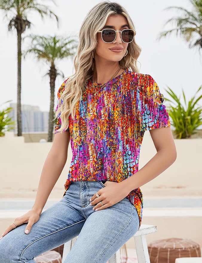Ivicoer Puff Short Sleeve Shirt for Women Eyelet Tops Summer Crewneck Blouse Loose Fit S-XXL - Image 5