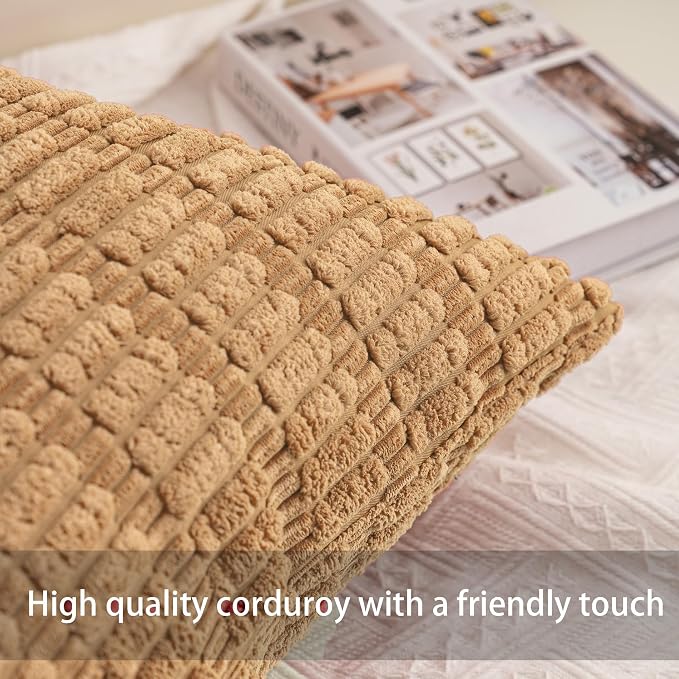 Aegero Pack of 2 Corduroy Decorative Throw Pillow Covers 18x18 InchSoft Boho Striped Pillow Covers Modern Farmhouse Home Decor for Sofa Living Room Couch Bed（Coffee） - Image 2
