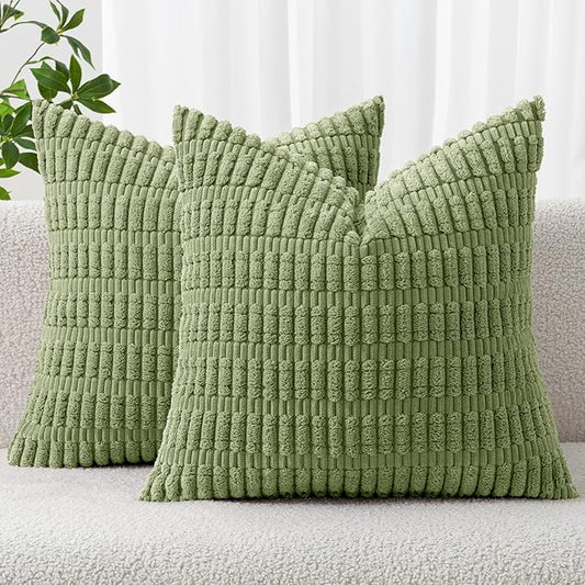 MIULEE Pack of 2 Spring Corduroy Decorative Throw Pillow Covers 18x18 Inch Soft Boho Striped Pillow Covers Modern Farmhouse Home Decor for Summer Sofa Living Room Couch Bed Sage Green by MIULEE
