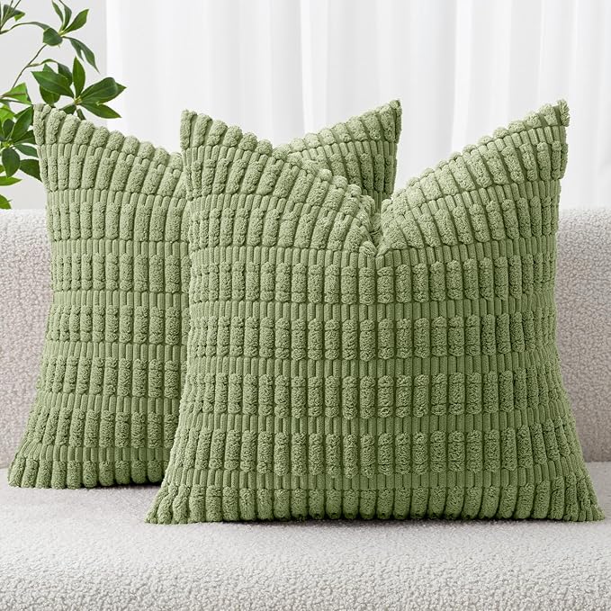 MIULEE Pack of 2 Spring Corduroy Decorative Throw Pillow Covers 12x12 Inch Soft Boho Striped Pillow Covers Modern Farmhouse Home Decor for Summer Sofa Living Room Couch Bed Sage Green by MIULEE