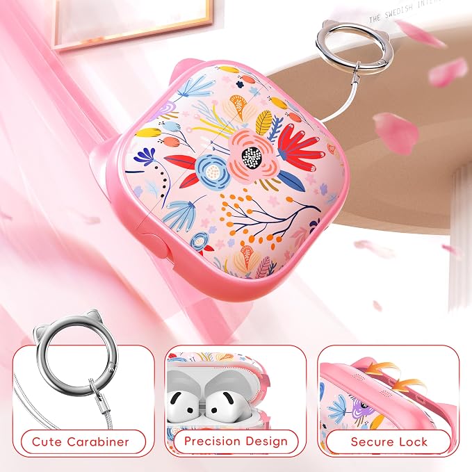 for AirPods 4 Case with Cleaning Kit, Cute Cat Ear Print Design & Cute Buckle, Inverted Phone Holder Design, Top Safe Lock Buckle Design, for Girls AirPods 4 case 2024, Pink Flower - Image 5