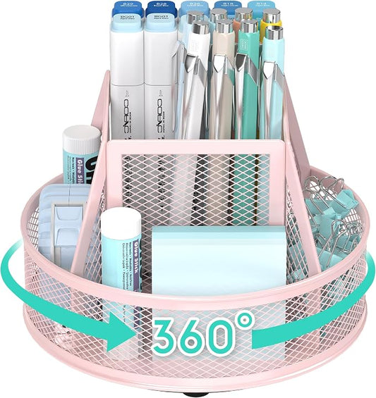YINGHUA Metal Mesh Desk Organizer with 5 Compartments and Rotating Pencil Holder Pen and Stationery Organizer for Office Home School Anti Slip Base Pink by YINGHUA