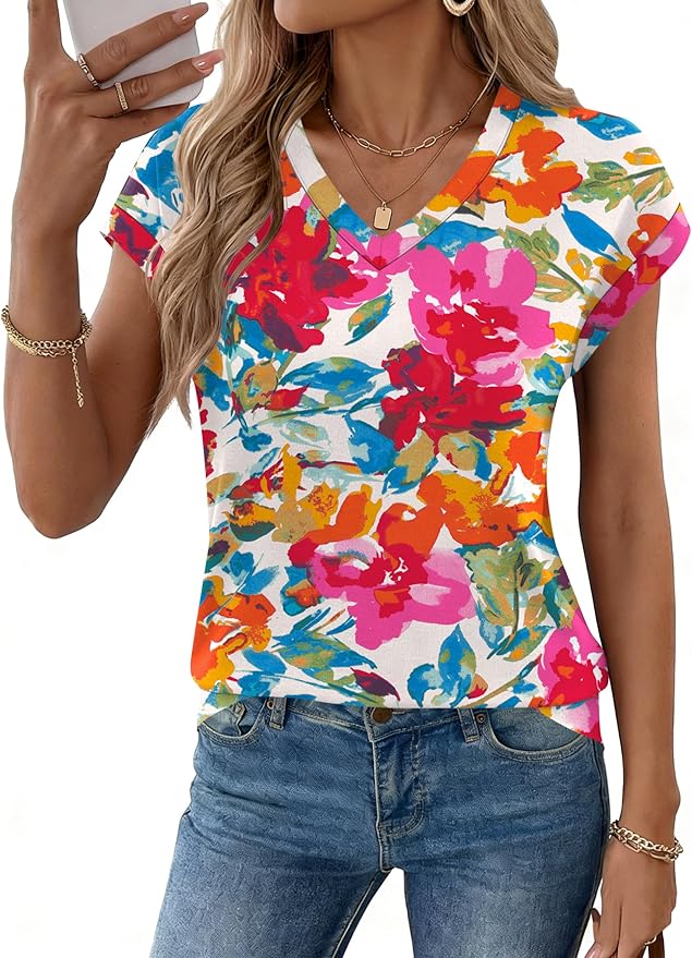 Rapbin Womens Summer Tops Women Blouses Dressy Casual V Neck T Shirts Short Sleeve Spring Tops for Women - Image 2