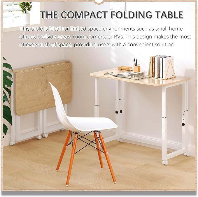 4NM No Tool Assembly 31.5" Small Desk, Folding Portable Desk with Wheels, Adjustable Height Foldable Computer Home Office Desks, Collapsible Study Writing Table for Space Saving Bedroom - Cloud Oak - Image 3