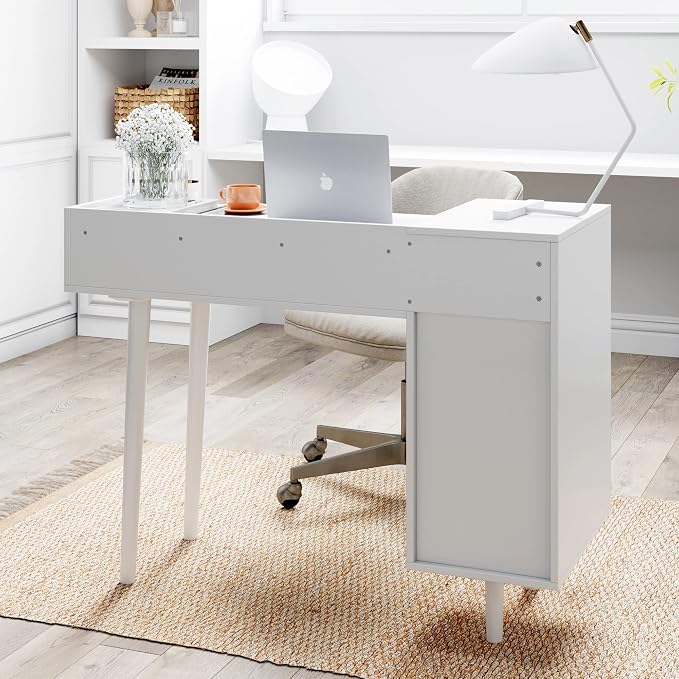 Nathan James Daisy Vanity Dressing Table or Makeup Desk with 4-Drawers and Brass Accent Knobs, White Wood - Image 3