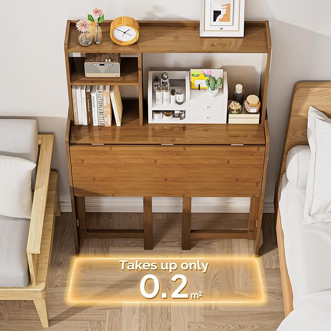 Folding Desk with Bookshelf, Compact Foldable Desk for Small Spaces,Brown | Bamboo Computer Desk with Storage Shelf, Space-Saving Home Office Desk with Hutch for Bedroom, Dorm, Apartment - Image 3