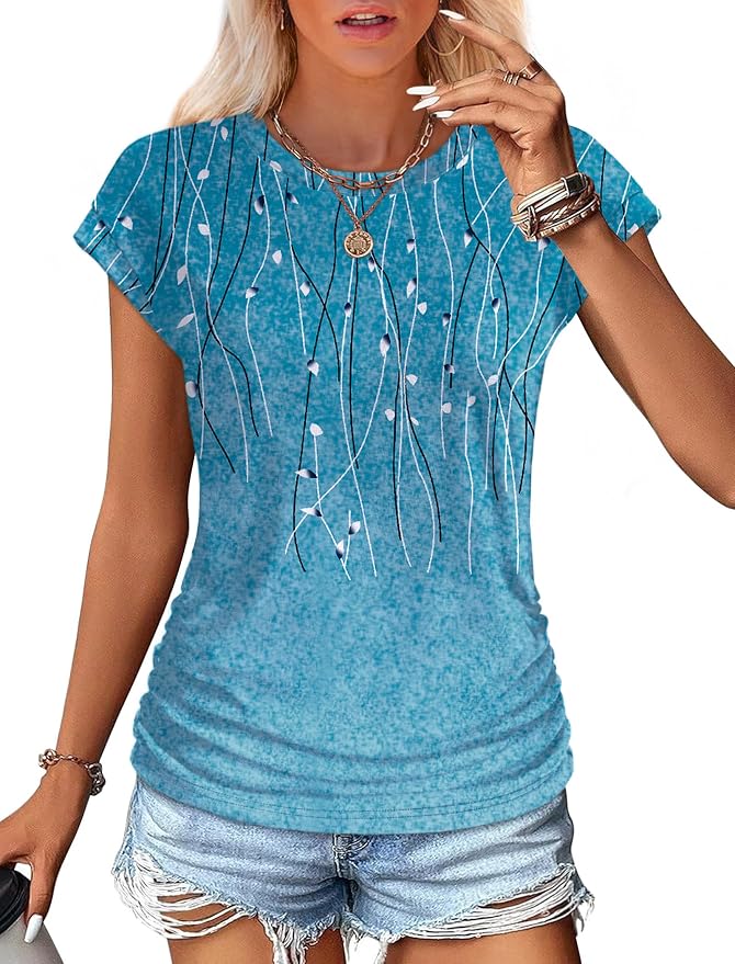 Sampeel Womens Summer Tops Trendy 2026 Ruched Cap Short Sleeve Tshirts Shirts Crew Neck T Shirts Fashion - Image 2