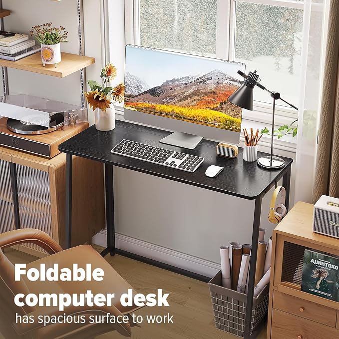 WOHOMO Folding Desk, 39.4" Foldable Computer Table for Small Spaces, Black | Easy Assembly and Fold, Sturdy Home office desks for Study Bedroom Dorm Space Saving Writing Work Apartment - Image 3