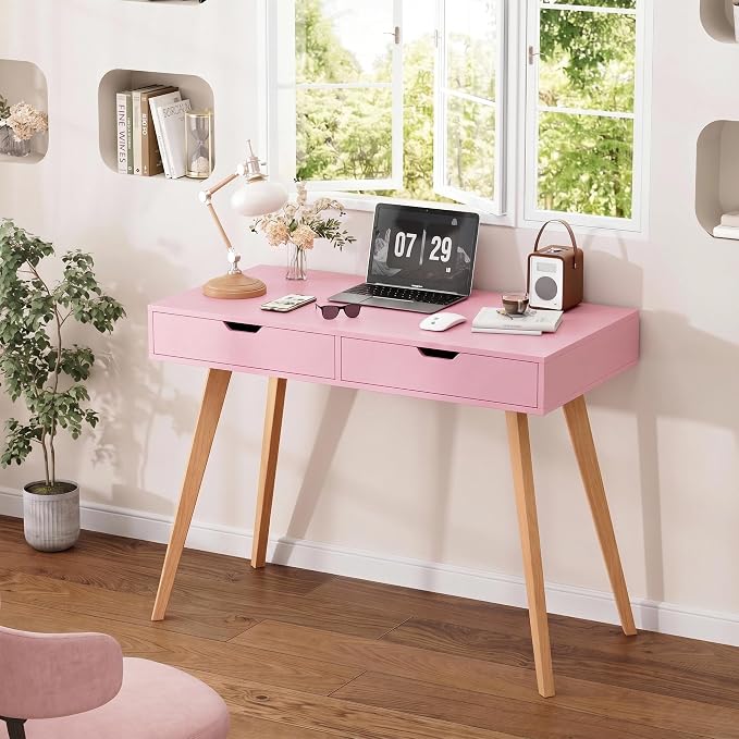 FOTOSOK White Computer Writing Desk with 2 Drawers, Small Desk Makeup Vanity Table Wood Desk with 4 Oak Legs, Modern Home Office Desk Console Study Table, Pink - Image 4