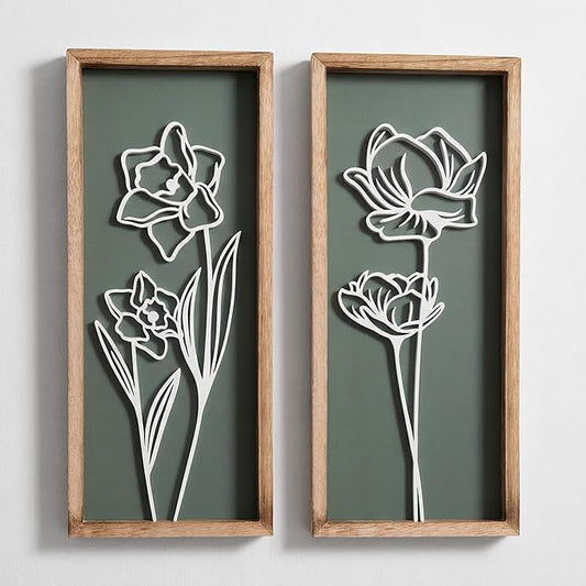 3D Floral Green Wall Art (Set of 2) Lightweight, Wooden Ready-to-Hang Boho Framed Wall Art for Bathroom, Bedroom, Living Room or Office – Premium Sage Green Farmhouse Decor – Gift-Boxed by TideandTales