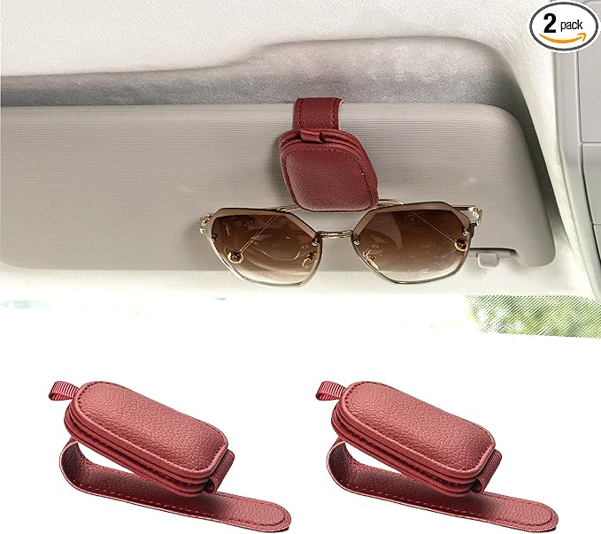 Yuoyar Magnetic Leather Sunglasses Holder for Car, 2 Packs (Red) | Magnetic Car Visor Accessories by YUOYAR