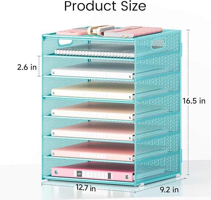 Lavatino 8-Tier Office Desk File Organizer, Letter Tray Paper Organizer with Handle, Including 5 Adjustable Slide Trays for Organizing Desktop Workspace Accessories and Supplies (Blue Metal Mesh) - Image 2