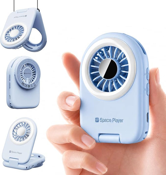 Space Player 6-in-1 Mini Fan, Portable Handheld Fan with Neck Fan, Magnetic Phone Mount, Desktop Stand & Selfie Fill Light, USB Rechargeable Pocket Fan for Travel, Cruise, Concert, Makeup,Blue by SPSpacePlayer