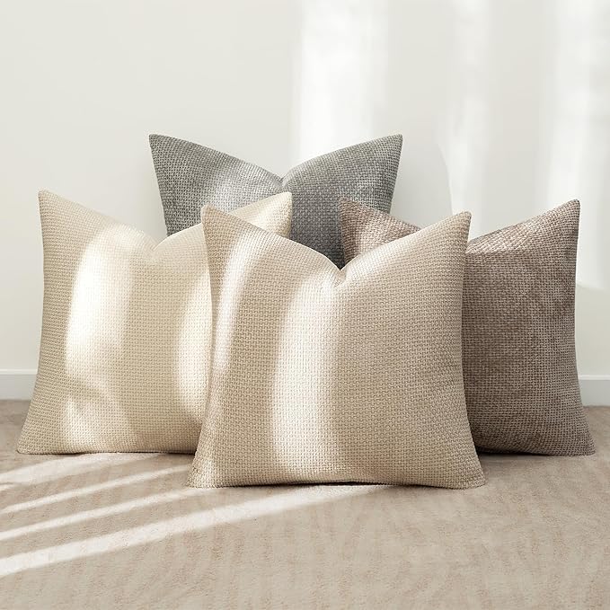 MIULEE Pack of 4 Couch Throw Pillow Covers 18x18 Inch Neutral Beige/Brown Soft Decorative Chenille Pillow Covers Farmhouse Accent Cushion Covers for Boho Spring Home Decor Sofa Bedroom Living Room - Image 3