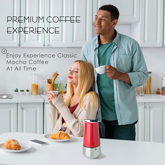Mixpresso 6 Cup Greca Moka Pot Red Stainless Steel Stovetop Espresso Maker | 300ml/10oz Italian stovetop coffee maker with classic percolator design, ideal for preparing coffee at home or while camping - Image 7