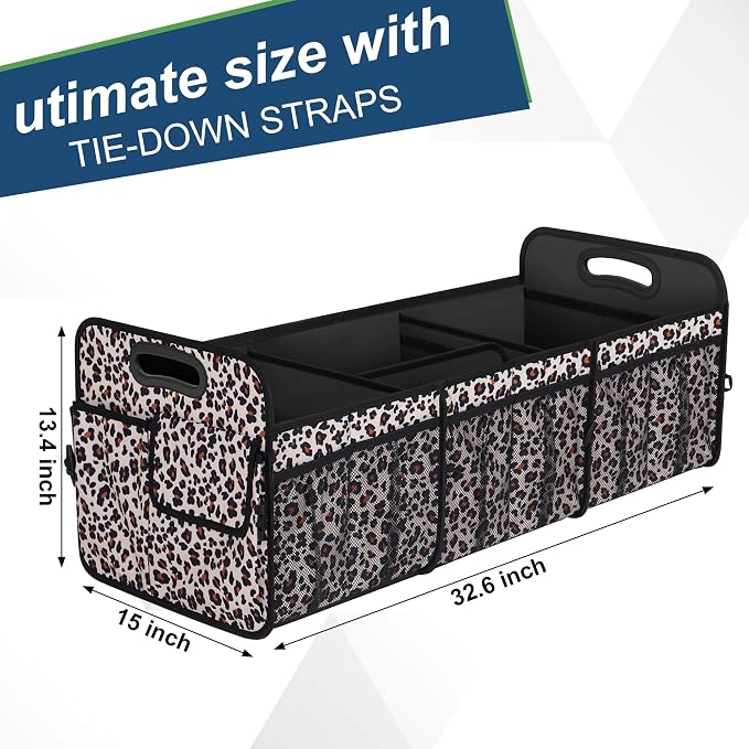 Femuar Collapsible Trunk Organizer - 90L Large Capacity with 15 Pockets, Waterproof for SUV/Car/Jeep/Sedan, Extra Large Leopard Print - Image 3