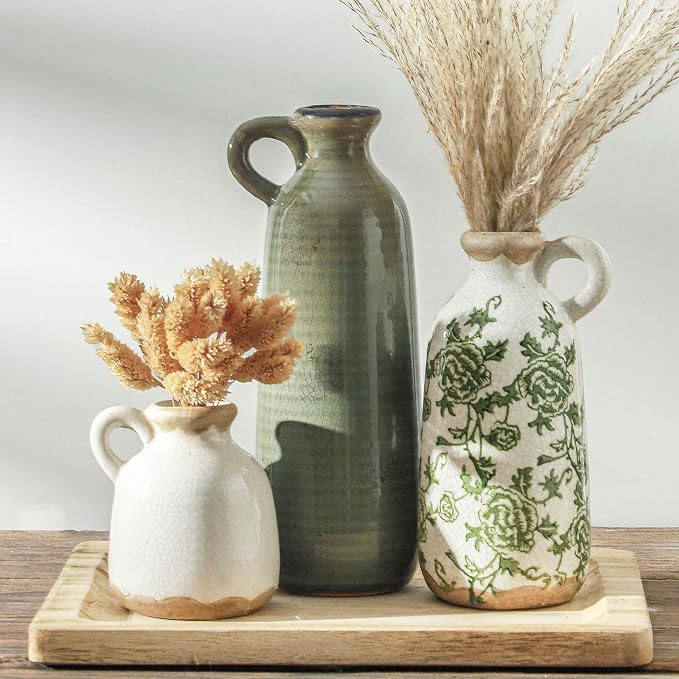 Vintage Vase Set of 3 with Handle, Ceramic Vintage Rustic Vases Home Decor Farmhouse Decorative Vase Pottery Decor Modern for Table Mantel Entryway Bookshelf Living Room Kitchen Bedroom - Green by ooit