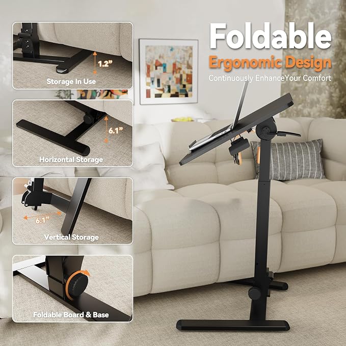 Monomi 25“ Mobile Folding Desk,Pneumatic Sit-Stand Table,No Assembly,Black | Height Adjustable Rolling Laptop Desk,Space-Saving Portable Small Desk with Wheels,Ideal for Home Office,Craft & Study - Image 3