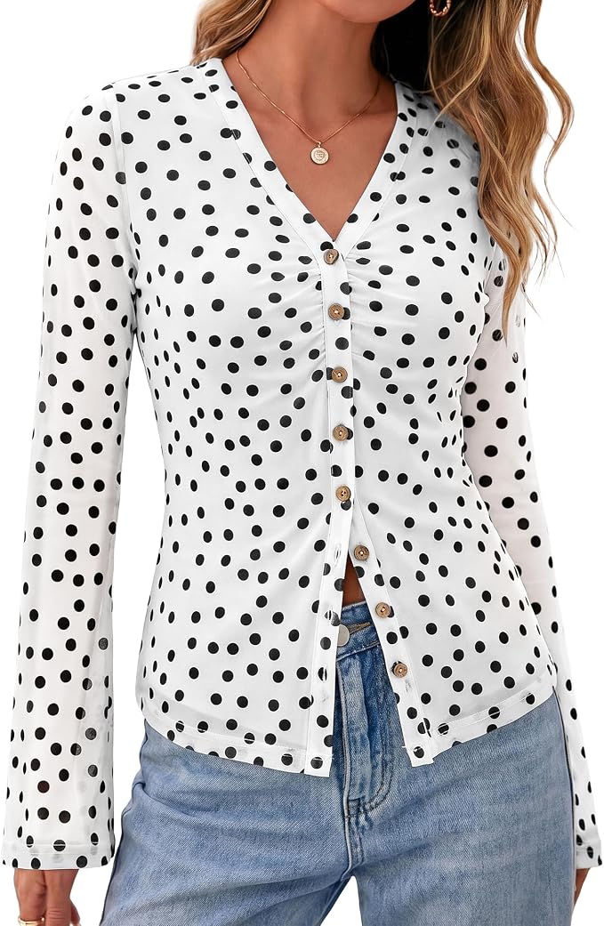BTFBM Button Down Shirts for Women 2026 Fall Boho Tops V Neck Long Sleeve Blouses Ruched Mesh Fitted Fashion Clothing - Image 7