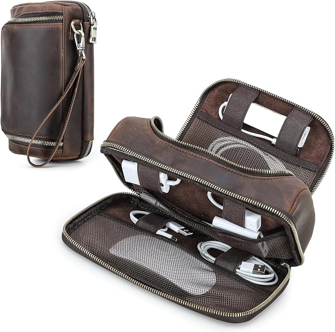 Hiram Handmade Crazy Horse Leather Electronic Organizer Travel Case Charger Organizer Travel Case Coffee by Hiram