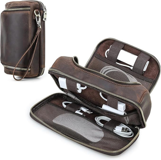 Hiram Handmade Crazy Horse Leather Electronic Organizer Travel Case Charger Organizer Travel Case Coffee by Hiram