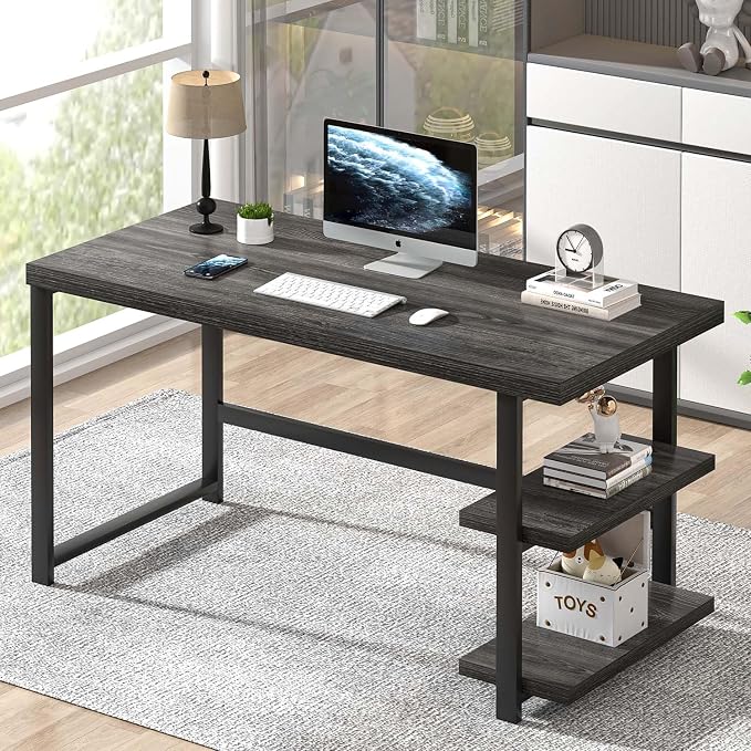 FOLUBAN 47 Inch Computer Desk with Storage Shelves, Modern Home Office Desk, Small Study Writing Desk Gaming Table Workstation for Bedroom Living Room, Industrial Dark Gray by FOLUBAN