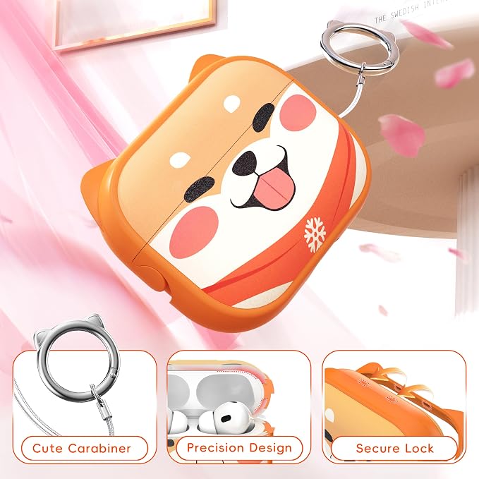 for AirPods Pro 2 Case with Cleaning Kit, Cute Cat Ear Print Design & Cute Buckle for Girls, Phone Holder & Top Safe Lock Buckle Design for AirPods Pro 2nd/1st Gen case, Orange Dog - Image 5