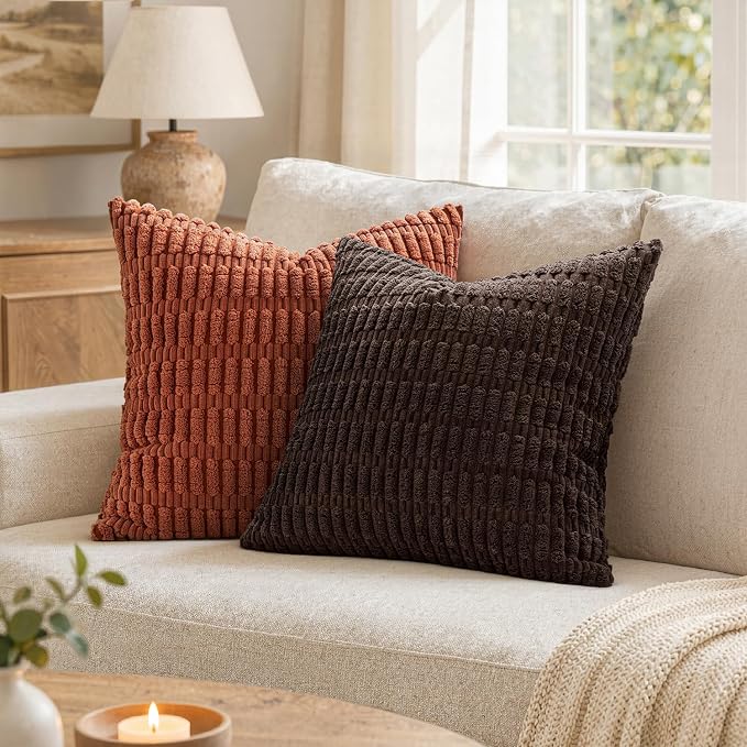MIULEE Pack of 2 Corduroy Decorative Throw Pillow Covers 16x16 Inch Soft Boho Striped Pillow Covers Modern Farmhouse Home Decor for Sofa Living Room Couch Bed Dark Brown - Image 2