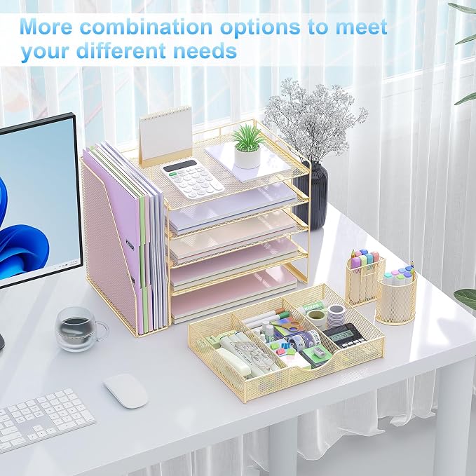 gianotter 5-Tier Desk Organizer with Drawers and File Holders | Letter Trays and Pen Holders - Workspace Accessories for Office Supplies (Gold) - Image 4