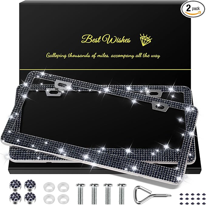 QUANQIUFEI 2 Pack Bling License Plate Frames for Women, Sparkly Rhinestone Diamond Car Accessories with Glitter Crystal Caps (Navy Blue) by QUANQIUFEI
