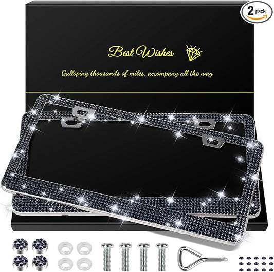 QUANQIUFEI 2 Pack Bling License Plate Frames for Women, Sparkly Rhinestone Diamond Car Accessories with Glitter Crystal Caps (Navy Blue) by QUANQIUFEI