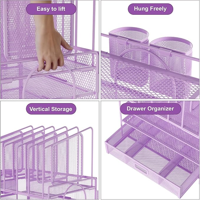 Marbrasse Desk Organizers, 4-Tier Mesh Desk File Organizer with 5 Vertical File Holders and 2 Pen Holders, Multifunction Desktop Organizer,Desk Organizers and Accessories for Home Office (Purple) - Image 2