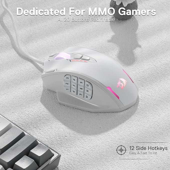 Redragon M908 Impact RGB LED MMO Gaming Mouse with 12 Side Buttons, Optical Wired Ergonomic Mouse with Max 12,400DPI, High Precision, 18 Programmable Macro Shortcuts, Comfort Grip, White | Stable Lag-Free Connection, Redefine Keybinding Macro, Vibing B... - Image 4