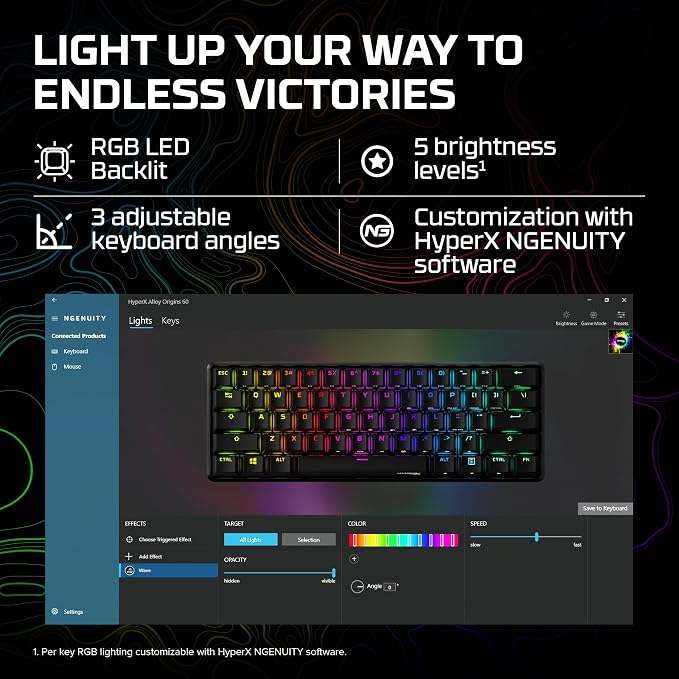 HyperX Alloy Origins 60 - Mechanical Gaming Keyboard - Ultra Compact 60% Form Factor - Tactile Aqua Switch - Double Shot PBT Keycaps - RGB LED Backlit - NGENUITY Software Compatible,Black - Image 6