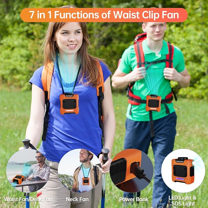 Waist Fan, 10000mAh Rechargeable Belt Clip Fan, 24H Runtime, 49ft/s Strong Airflow, 3-Speed 7-in-1 Hands-Free Personal Fan with Bottom Air Intake and LED SOS Light for Jobsite Outdoor Work - Image 5