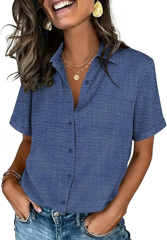 Zeagoo Button Down Shirts for Women Short Sleeve Collared Tops Dressy Casual V Neck Blouses by Zeagoo