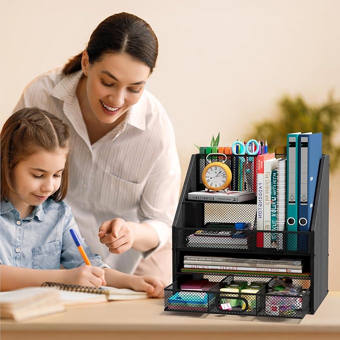 Homsorout Wooden Desk Organizer - Mesh File Organizer with Drawers and Pen Holder - 4-Tier Vertical Paper Letter Storage Tray, Desktop Organizers and Accessories for Home Office (Black - Image 6