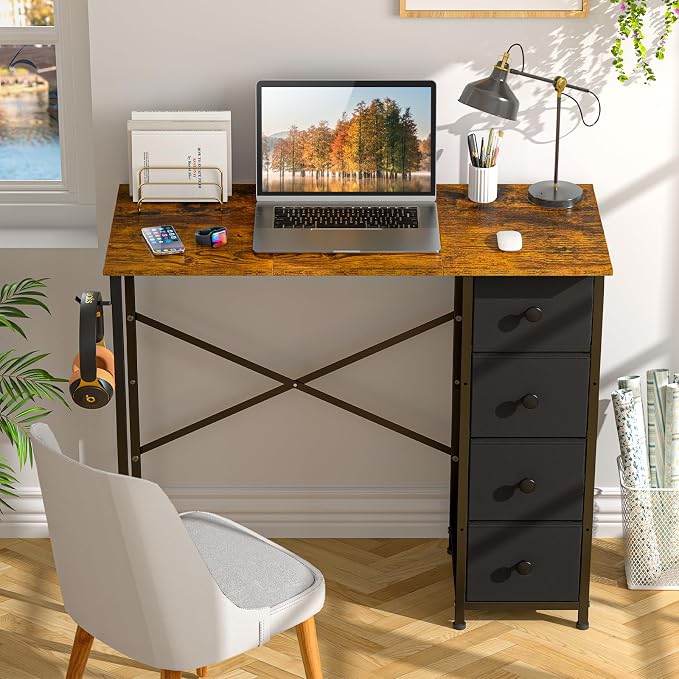 Small Computer Desk with 4 Fabric Drawers, 36 Inch Reversible Writing Desk for Home Office Bedroom, Modern Simple Kids Student Study Desk with Storage, Compact Desk for Small Spaces, Rustic Brown - Image 6