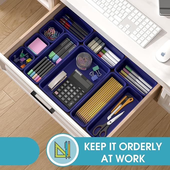 33 PCS Drawer Organizer Set, 4 Size Makeup Drawer Divider Organizer With Non-Slip Pads, Interlocking Plastic Storage Bins for Office,Jewelry Vanity,Gadgets, Bathroom,Kitchen, Navy - Image 4